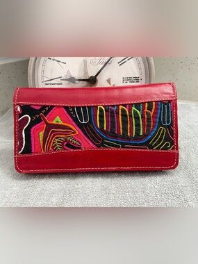 Mola Handmade Colorful Red Embroidered Leather Wallet